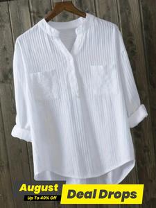 Women's Plain Button Front High Low Hem Basic Shirt, Casual Loose Long Sleeve Notched Neck Top for Daily Wear, Ladies Clothes for All Seasons, Blouse, Womenswear, Shirtswomen, Longsleeves, Casual Pocket White Shirt, Casual Notched Neckline