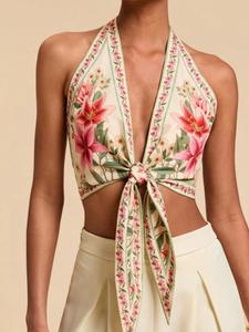 Women's Floral Print Halter Neck Blouse, Elegant Fashion Casual Sleeveless Top for Daily Outdoor Wear, Women Clothing for Summer, Shirts