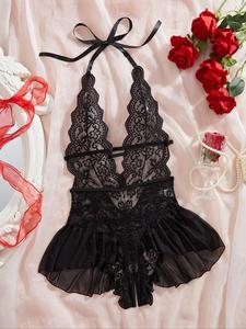 Women's Solid Color Lace Teddy Bodysuit, Sexy Comfy Breathable Push Up Bodysuit for Daily Wear, Women's Lingerie for All Seasons Black Womenswear