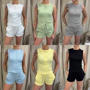 Sleeveless Button Up Super Comfy Two Piece Summer Set Co Ord Holiday Airport Outfit COTTON Comfortable Womenswear Clothes Suits Minimalist Basic