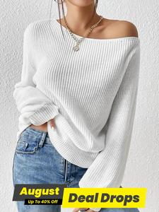 Women's Solid Drop Shoulder Asymmetrical Neck Knit Top, Fitted Casual Minimalist Long Sleeve Jumper for Fall & Winter, Women's Sweater for Daily Wear, Knitwear