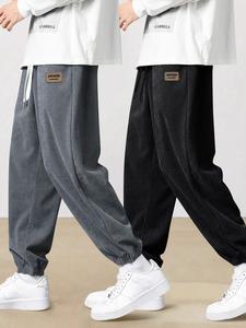 Men's Letter Patched Pocket Corduroy Pants, Casual Comfy Jogger Trousers for Fall & Winter, Men's Bottoms for Daily Wear