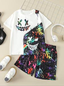Two-Piece Set Boy's Random Print Short Sleeve Tee & Paint Splatter Print Shorts Set, Casual Round Neck T-shirt & Elastic Waist Shorts, Summer Outfits Clothes for Kids