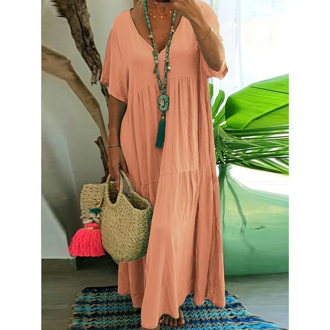 Plus Size Solid Ruched Tiered Dress, Casual Short Sleeve V Neck Loose Dress For Spring & Summer, Women's Plus Size Clothing
