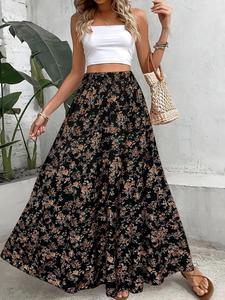Women's Ditsy Floral Print Elastic Waist A Line Skirt, Casual Boho Bohemian High Waist Long Skirt for Beach Holiday Vacation, Ladies Spring & Fall Clothes, Womenswear, Bottom, Cozy Fabric, Casual Fashionable Skirt