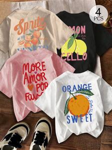 4 Packs Women’s Summer Fruit Print T-Shirts, Graphic Short Sleeve Tees, Casual Loose Fit, Retro Food & Letter Print, Beach & Streetwear