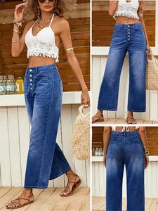 New Women's Denim Jeans, Loose Casual Multi-Buckle Mid-Thigh Jeans, Comfortable Stretch Wide-Leg Daily Wear