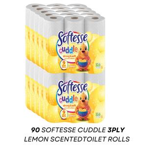 SOFTESSE Cuddle 90 Toilet Rolls, LEMON SCENTED, 3 Ply, YELLOW, 10x9pk - Sheets, Lightweight Tissue Towel - Panda Cuddle