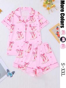 Women's All Over Print Short Sleeve Pajama Two-piece Set, Regular Fit Casual Comfy Button Front Chest Pocket Design Lapel Neck Top & Elastic Waist Shorts Pj Set, Ladies Matching Sleepwear for All Seasons