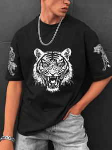 【Plus Size】 Tiger Print Short Sleeve T-shirt, Casual Comfy Regular Fit Round Neck Tee for Summer, Men's Plus Size Clothing for Daily Wear