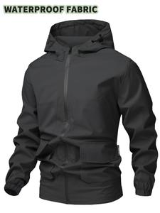 Men's Solid Pocket Drawstring Zip Up Hooded Jacket, Regular Fit Casual Waterproof Long Sleeve Outerwear for Outdoor Activities, Fashion Men's Clothes for All Seasons