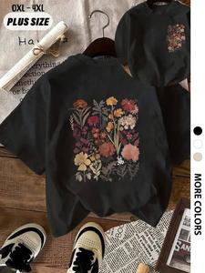 【Plus Size】Floral Print Round Neck Tee, Fashion Casual Crew Neck Short Sleeve T-shirt for Daily Outdoor Wear, Women Plus Clothing for Summer, Tshirt