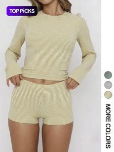 2 Piece Set Women's Casual Striped Long Sleeve Shirt + Hot Pants Short Shorts, Summer Fashion, Comfortable and Stylish, Perfect for Daily Wear