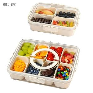 Transparent Divided Snack Box with Lid & Handle, Plastic Kitchen Sealed Storage Container, Food Organizer for Lunch, Salad, Snacks, Travel Camping, Portable Snack Container