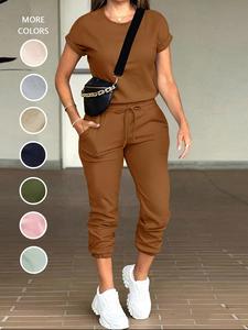 Two-piece Set Women's Solid Color Short Sleeve Tee & Drawstring Waist Pants, Casual Round Neck T-shirt & Pocket Trousers for Daily Wear, Ladies Clothes for All Seasons