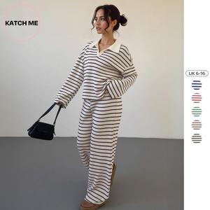 Katch Me Look Women's Casual Color Matching Stripe Long Sleeve Top & Wide Leg Trousers Co-ord(B), Soft V-Neck Loose Two Piece Outfits, Comfortable Womenswear