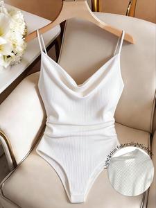 French Style Drop Shoulder V-Neck One-Piece Tank Top, Elastic Waist Slim Fit, Perfect for Coffee Shops, Casual Vacations, Photo Ops, Girl Friend Gatherings