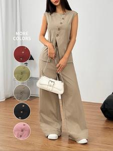 Women's Solid Button Front Vest Jacket & Wide Leg Pants Set, Casual Split Hem Sleeveless Top & Pocket Trousers for Summer, Ladies Clothes for Daily Wear