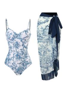 Women's Plants Print Spaghetti Cami Bodysuit & Contrast Mesh Skirt Set, Summer Clothes Women Elegant Chic Backless Camisole & High Waist Knot Detail Skirt, Valentine's Day Gift, Womenswear, Matching Clothing Set