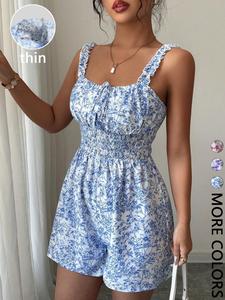 Women's Summer Floral Print Ruched Waist Elastic Design Slim Casual Romper With Ruffle Hem Jumpsuit for Holiday Vacation
