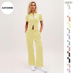 KatchMe Women's Minimalist Solid Color Button-Up Short Sleeve Slim Top & Plicated Wide Leg Trousers Co-ord(B), Basic Two Piece Outfits, Comfortable Womenswear
