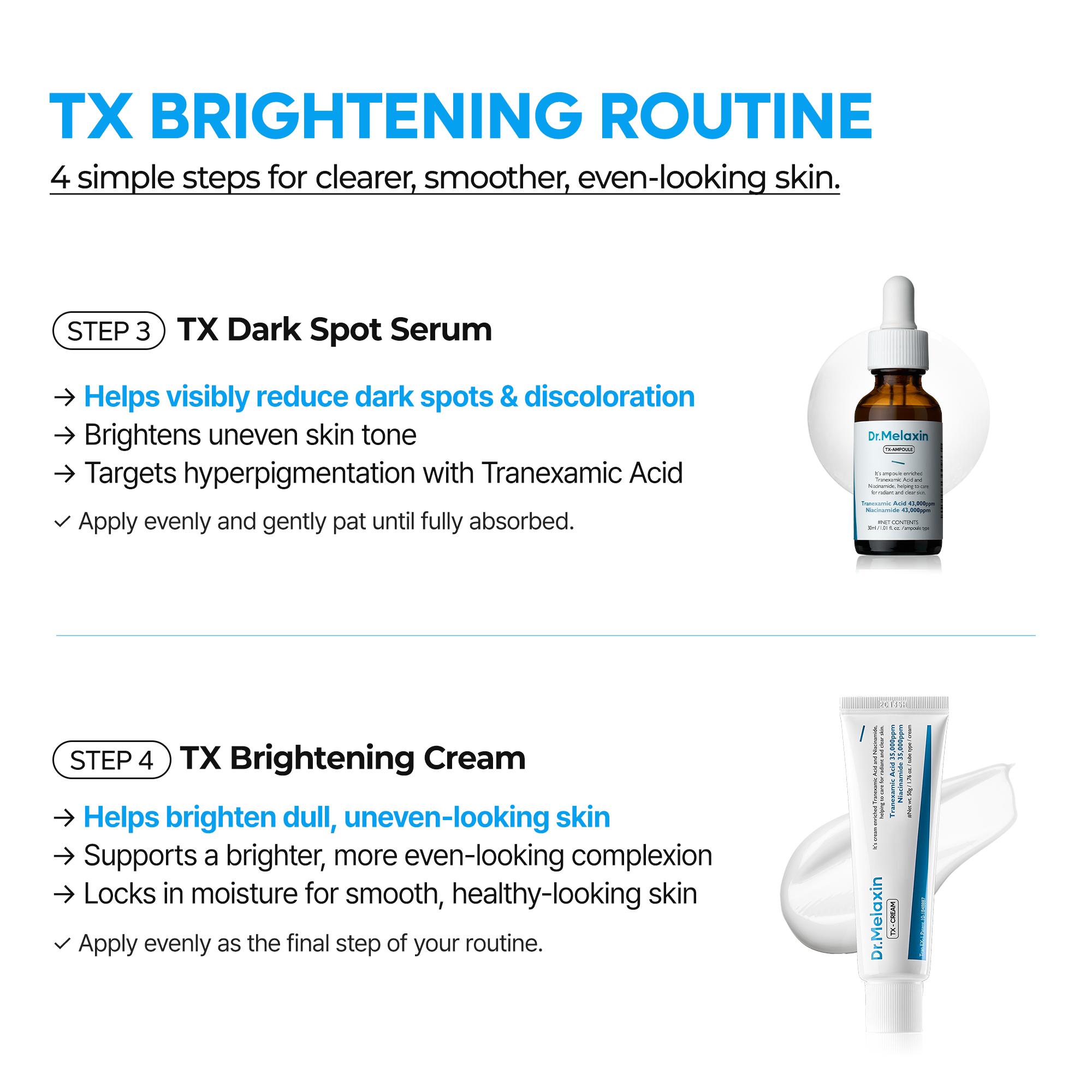 [Dr.Melaxin Official] TX Brightening Routine | TX Peel Shot Serum, TX Peeling Toner, TX Dark Spot Ampoule & TX Cream 4-Piece Set