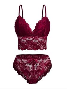 Two-Piece Set Women's Floral Lace Bra & Bow Decor Panty, Sexy Comfortable Breathable Lingerie Set for Daily Wear, Underwear Set for Women