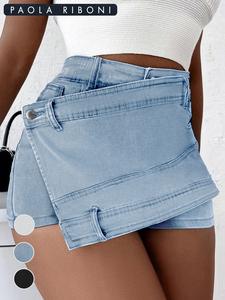 Women's Plain Denim Shorts, Asymmetrical Hem Button Pocket Jeans Skort, Casual High Waist Jeans Shorts for Summer, Summer Clothes Bottoms