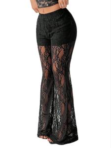 【Plus Size】 Solid Lace Flare Leg Pants, Fashionable Elegant Casual Comfy Breathable Bell Bottom Trousers for Daily Wear, Women's Bottoms for All Seasons, Womenswear, Flared Pants, Summer Bottoms, Boho Comfy Trousers, Elastic Waist Pants, Boho Style