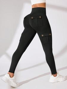 Women's Solid Color Flap Pocket Design High Waist Sports Leggings, High Stretch Casual Comfy Breathable Butt Lifting Skinny Pants for Yoga Gym Workout Running, Ladies Sportswear for All Seasons,  Gym Wear