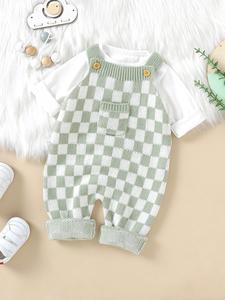 Baby's Plaid Print Button Pocket Sweater Jumpsuit without Tee, Cute Casual Sleeveless Knitting Jumpsuit for Infant Toddler, Newborn Baby Summer Clothes for Daily Wear