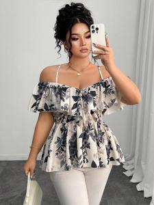 Elegant One-Shoulder Ruffle Halter Top, A-Line Hem Print Blouse for Spring & Summer, Plus Size Fashion Shirt for Women