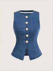 Elegant Lightweight Slim Fit Sleeveless Women's Denim High Stretch Button Jean Jacket, Stylish Casual Wear for All Seasons