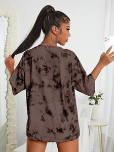 Women's Tie Dye Print Drop Shoulder Sports Tee, Casual Half Sleeve Round Neck T-Shirt for Daily Outdoor Sport, Ladies Sportswear for All Seasons