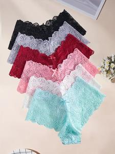 Women's 6pcs Bow Decor Scallop Trim Lace Panty, Soft Comfy Breathable Knicker for Daily Wear, Ladies Underwear for All Seasons