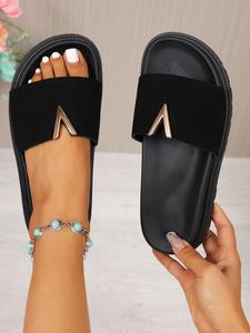 Women's V-Embellished Open Toe Flat Slide Sandals, Faux Suede Slip-Ons, Casual Summer Beach Slides, Lightweight Comfortable Footwear, Comfy Footwear Sandals