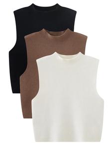 Women's Solid Round Neck Sweater Vest, Casual Sleeveless Crew Neck Jumper Vest for Spring & Fall, Fashion Women's Knitwear for Daily Wear, Knit Crop Top, Solid Color Vest, Casual Soft Sweater