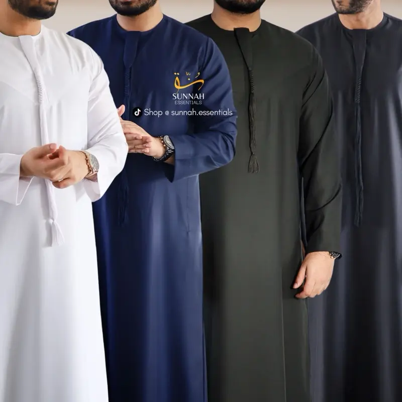 Men's Omani Thobe with Tassel and Zip in Matte Colours - White, Navy, Black, Forest Green & Khaki Green - Islamic Clothing