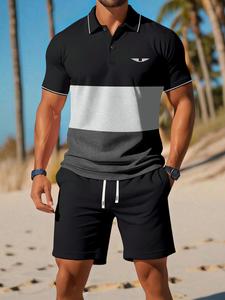 Two-Piece Set Men's Regular Fit Contrast Trim Short Sleeve Polo Shirt & Pocket Shorts, Casual Top & Shorts, Men's Clothing for Summer
