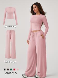 Two piece set women's home clothing set soft and skin friendly long sleeved T-shirt loose and wide leg pants with adjustable drawstring daily leisure travel airport travel home wear women's pajamas set