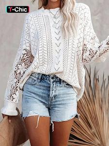 Women's Eyelet Embroidery Drop Shoulder Long Sleeve Sweater, Casual Chic Elegant Loose Knitting Top for Spring & Fall, Women's Knitwear for Daily Wear, Elegance Style, Womenswear