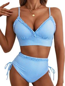 Women's Striped Print Ruffle Design Sexy Two-Piece Bikini Swimsuit, Trendy Beachwear for Summer, Stylish and Comfortable Swimwear, Tie Back Bikinis