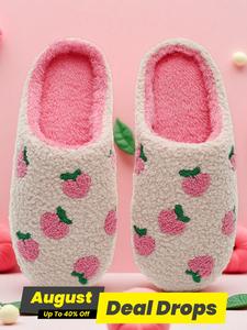 Women's Cute Peach Pattern Plush Slippers, Casual Soft Comfortable Home Slippers, Warm Slippers for Indoor & Outdoor Use for Fall & Winter, Footwear