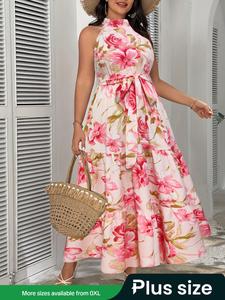 【Plus Size】 Floral Print Dress with Belt, Elegant Fashion Casual Sleeveless A Line Dress for Daily Outdoor Wear, Women Plus Clothing for Summer, Plus Size Dresses