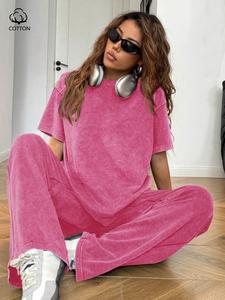 Women's Retro Acid Wash Knitted Set with Loose T-Shirt and Wide-Leg Pants, Casual Street Style All-Season Suit for Daily Outings and Relaxation