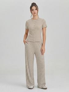 Women's Casual Stripe Flattering Short Sleeve Button Top & Wide Leg Trousers Co-ord, Soft Anti-Pilling Breathable Two Piece Sets, High Stretch Daily Outfit