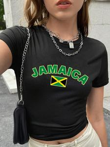Women's Jamaica Flag & Slogan Print Round Neck Crop Tee, Y2K Casual Slim-fitting Short Sleeve T-shirt, Ladies Summer Clothes for Daily Wear