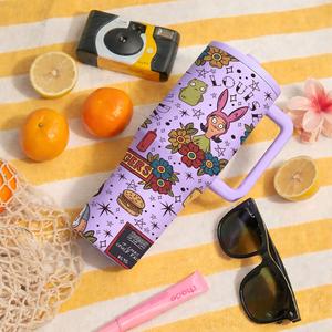 1 PC 40oz Insulated Tumbler With Handle And Lid, Double Wall Stainless Steel Travel Mug, Leak Proof, Keeps Drinks Hot 12H Cold 24H, Cute Cartoon Burger Family Print Cup, Large Capacity Thermal Mug For Iced Coffee, Water, Road Trips, Gifts For Women Men