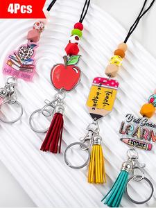 4-Piece Candy Color Silicone Beaded Lanyard Keychain Set, Features Apple, Pencil, and Book Motifs, Ideal Teacher's Day Gift and Friends' Present