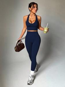 Women's sports and leisure two-piece set, elastic, breathable and comfortable fabric yoga suit, hanging neck sports top+wide waistband leggings, essential for the gym, Yoga Gym Outfits, Sporty Style Outfits, Sports Fitness Wear, Stretchy Suit Set